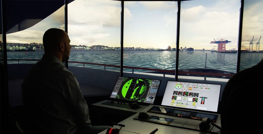 Schiffsführungs-Simulator des Fraunhofer CML im Simulationsbetrieb im Hamburger Hafen. Foto: FCML