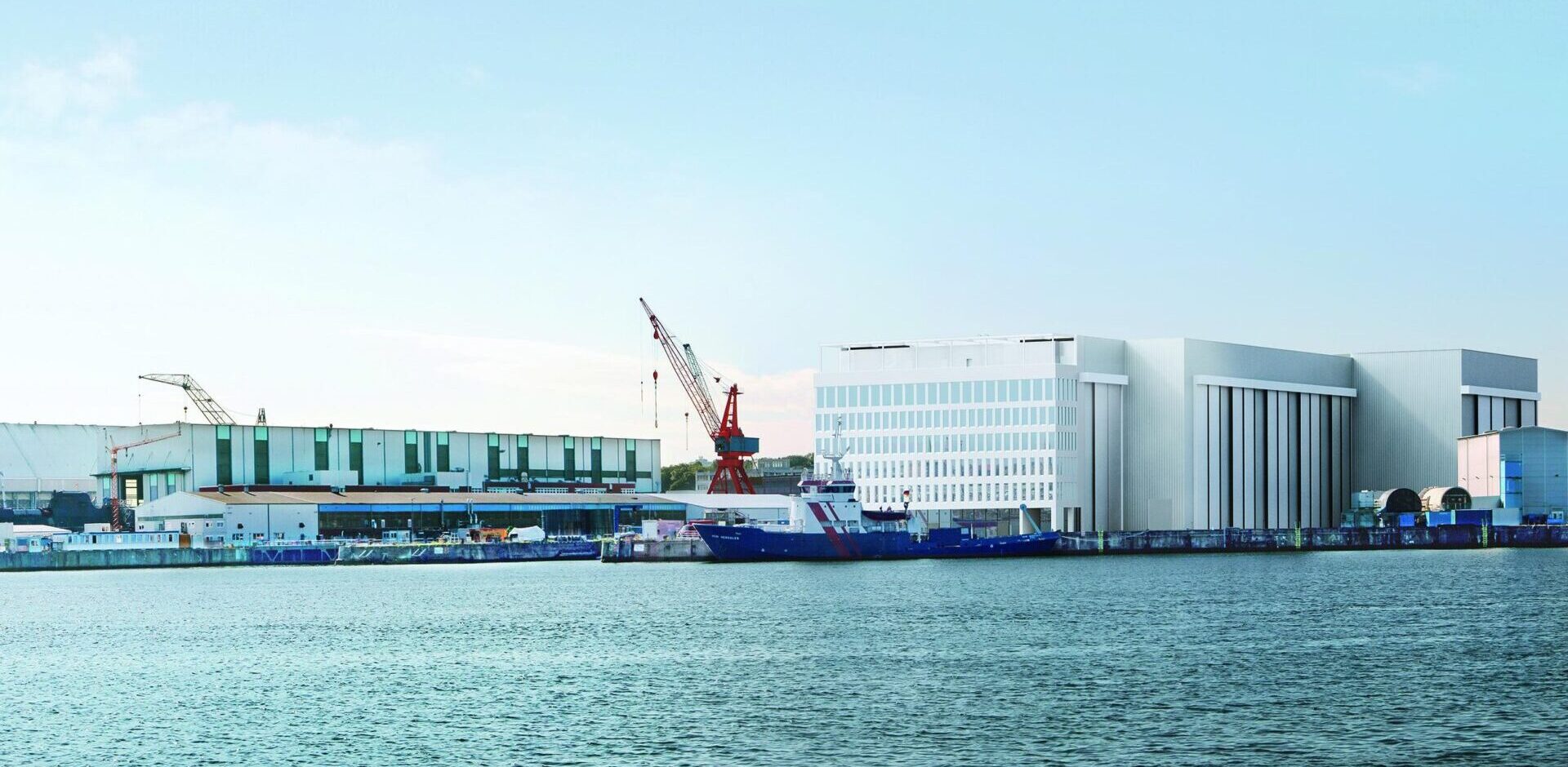 tkMS: Wassersicht der neuen Schiffbauhalle in Kiel. Foto: tkMS