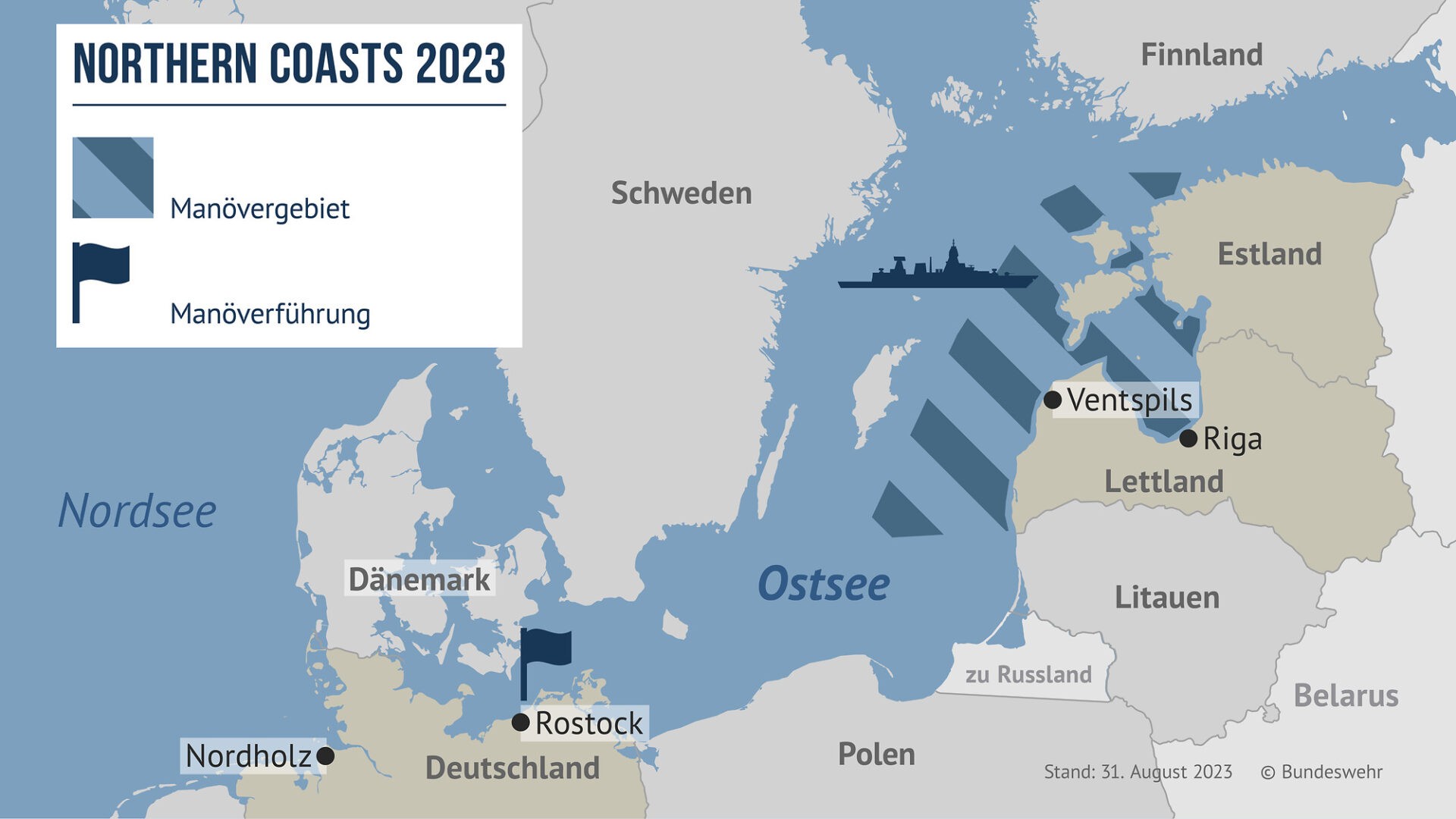 Großmanöver Northern Coasts 2023 vom 9. bis 20.09.2023, Es trainierten 14 Marineeinheiten vor und an den Küsten Lettlands und Estlands sowie in der mittleren Ostsee. Grafik: Deutsche Bundeswehr