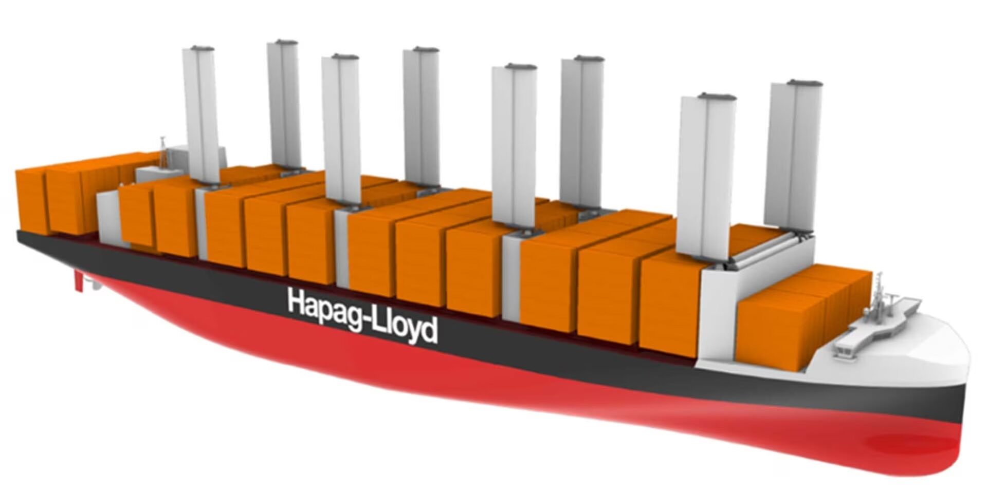 Konzeptentwurf: Containerschiff mit Methanol-Motor und Segelantrieb. Grafik: Hapag-Lloyd
