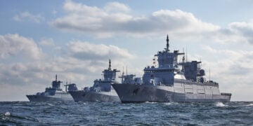 FGS "Baden-Württemberg" (F222) and her sisters, F223 "North Rhine-Westphalia" and F224 "Saxony-Anhalt". Photo: tkMS