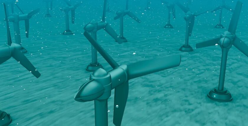 Gezeitenturbinen auf dem Meeresboden. Computergrafik: CGG