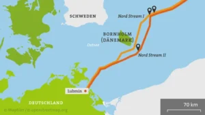 Zerstörte Gas-Pipelines Nordstream1 und 2. Bild: Maptiller-OpenStreetMap