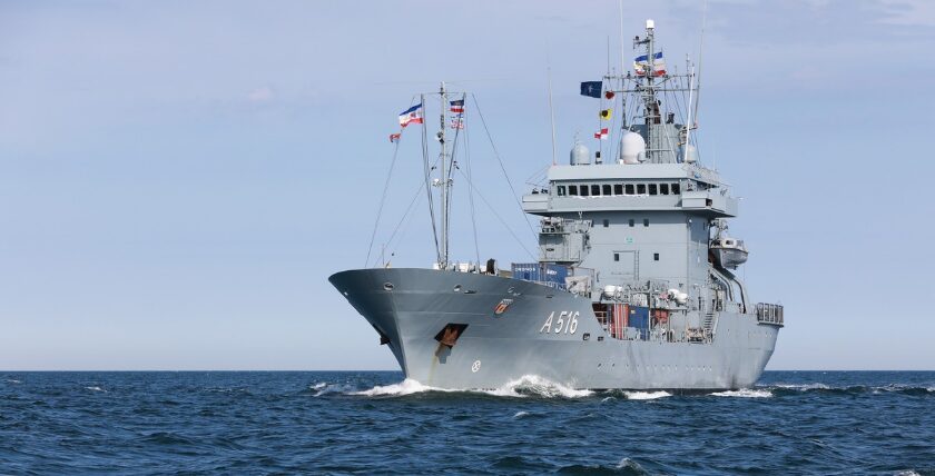 The tender A 516 Donau from the 1st Corvette Squadron of the Operational Flotilla 1 sails in the sea area off Warnemünde, 25 June 2020.