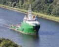 Ocean-going tug Britoil Guardian crosses the Kiel Canal in "naval camouflage", photo: Magnussen