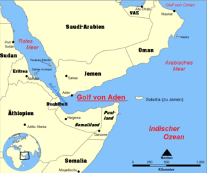 Map of sea areas with Gulf of Aden, Bab al-Mandab, etc. Graphic: Tecumseh*1301, CC BY-SA 4.0