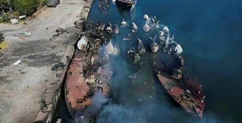 Aerial view of shipwrecks of Syrian missile boats. Photo: Zirat News