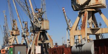 Historic harbour cranes in the harbour museum on the Bremer Kai in Hamburg