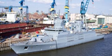 he Nordrhein-Westfalen (F223), the second of four Class 125 frigates for the German Navy, is being fitted out at the Blohm+Voss shipyard.