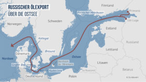 Tanker beladen mit russischem Öl nutzen oft die eingezeichnete Route von den beiden größten russischen Ostseehäfen Primorsk und Ust-Luga, Bild: Bundeswehr/Mohr