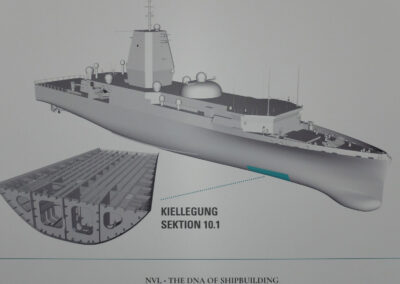 Skizze des neuen Flottendienstschiffs, mit Detailansicht der kielgelegten Sektion 10.1. Foto: HSC