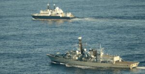 HMS Somerset accompanies "Yantar" during the passage of the English Channel. Photo: Crown Copyright/Royal Navy