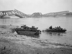 British "Buffalo" amphibious tanks crossing the Rhine near Wesel. Photo: Imperial War Museum; Public domain