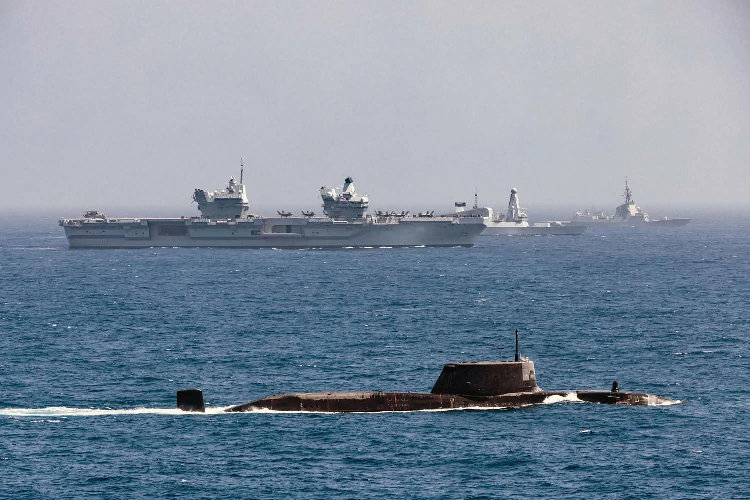 Carrier Strike Group 25 - HMS Astute, HMS Prince of Wales, HMS Dauntless, Mendez-Nunez. Photo: Royal Navy/Crown Copyright