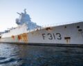 Helge Ingstad on his way to the shipyard on 8 January 2021. Photo: forsvaret.no