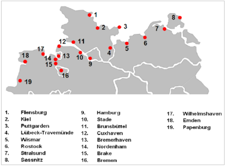 German seaports included in the 2030 maritime traffic forecast. chart: Federal Ministry of Transport (BMV)