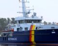 Modern LNG customs vessel of the coast guard in the harbour, with German tricolour on the bow. Copyright NVL - Photo: Tilo Wallrodt