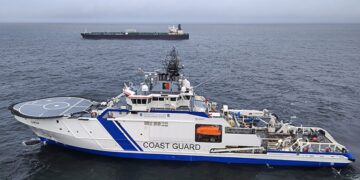 Finnish coast guard vessel guards the "Eagle S". Picture: Finnish Border Guard