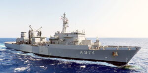 HS Prometheus in preparation for a RAS manoeuvre (replenishment at sea). Photo: NATO/Paul Hall