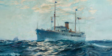 Nourmahal - "Light of the Palace" - built in 1928 in Kiel at the Germania shipyard for Vincent Astor, painting by Charles Robert Patterson