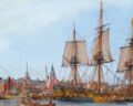 The first American flagship, the Alfred, is moored in Philadelphia harbour. Oil painting by William Nowland van Powell, 1974. illustration: Naval History and Heritage Command