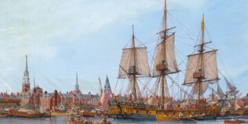 The first American flagship, the Alfred, is moored in Philadelphia harbour. Oil painting by William Nowland van Powell, 1974. illustration: Naval History and Heritage Command