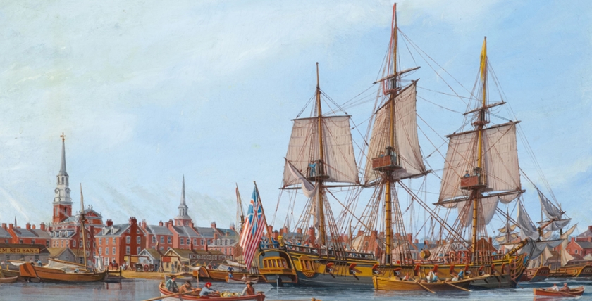 The first American flagship, the Alfred, is moored in Philadelphia harbour. Oil painting by William Nowland van Powell, 1974. illustration: Naval History and Heritage Command