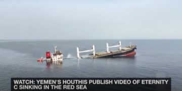 Sinking of the "Eternity C" in the Red Sea. Source: Screenshot from Huthi video on YouTube