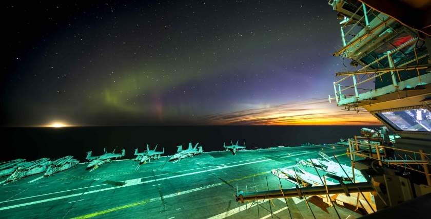 Aircraft carrier under northern lights, photo: US Navy