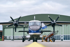 Before take-off: A Dornier 228 (Do 228) is parked at the Nordholz naval air base. The Central Command has two of these propeller-driven aircraft. They are maintained and flown by soldiers and employees of the German Navy's Naval Air Wing 3 „Graf Zeppelin“. | Source: Havariekommando/Wilking 
