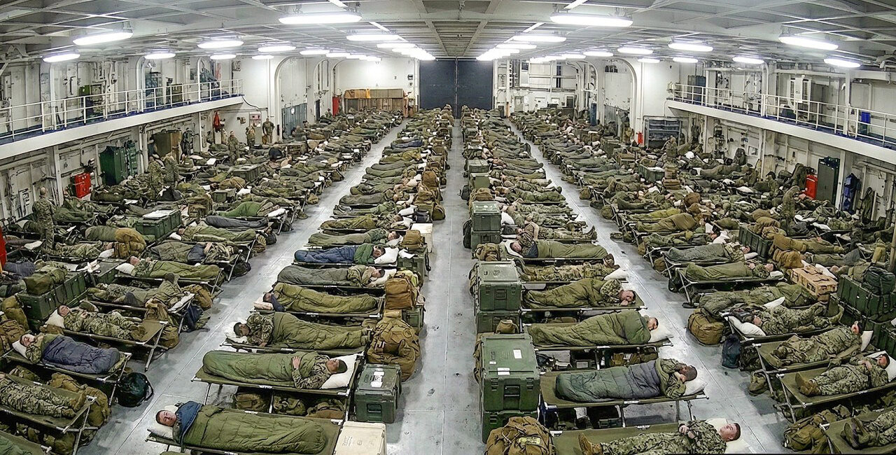 Emergency quarters in the hangar on board the aircraft carrier USS Gerald R. Ford. Photo: US Navy