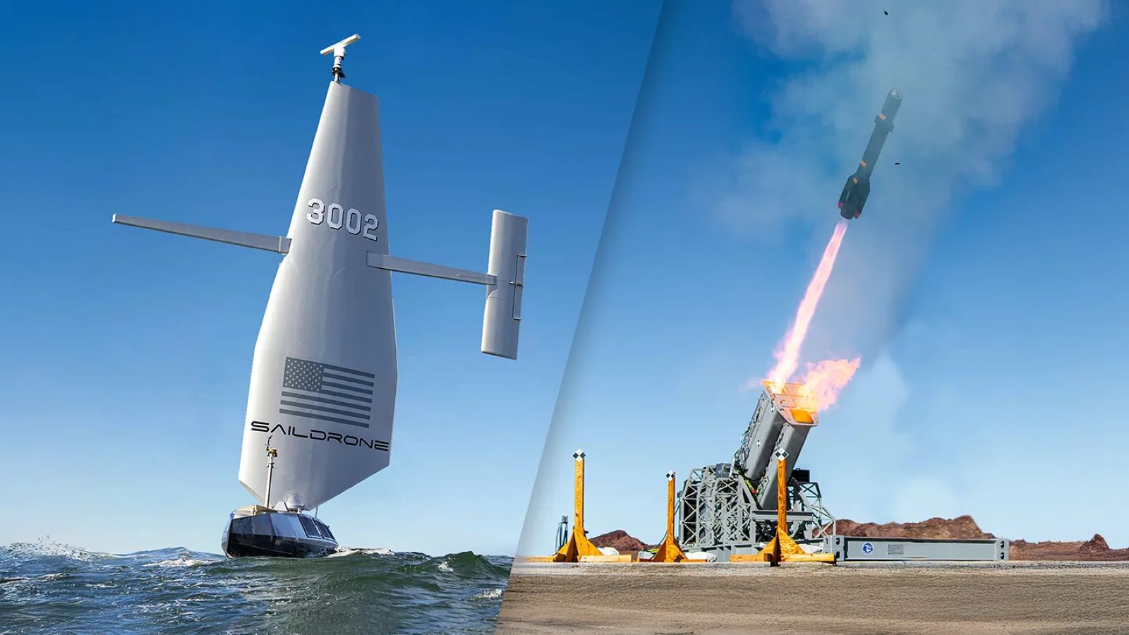 Foto: Saildrone USV auf Patrouillenfahrt/Erprobung des JAGM Quad Waffenmoduls. Saildrone/Lockheed Martin