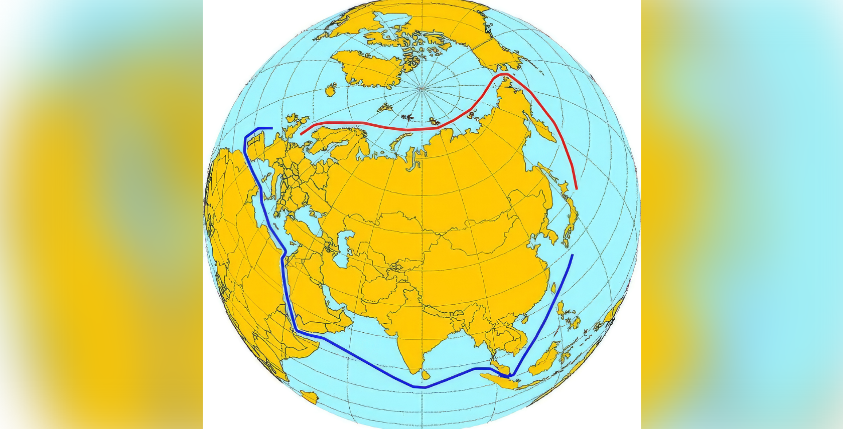 Foto: Vergleich der Seewege, rot Nordostpassage, blau Umweg über Suez- und Panamakanal. Grafik: Wikimedia – gemeinfrei