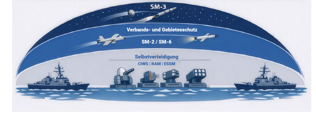 Gestaffelte maritime Luftverteidigung: CIWS, RAM und ESSM dienen der Selbstverteidigung, SM-2 und SM-6 dem Verbands- und Gebietsschutz, SM-3 der Abwehr ballistischer Raketen außerhalb der Atmosphäre. Grafik: KI-generiert