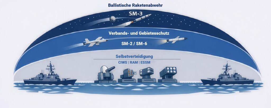 Gestaffelte maritime Luftverteidigung: CIWS, RAM und ESSM dienen der Selbstverteidigung, SM-2 und SM-6 dem Verbands- und Gebietsschutz, SM-3 der Abwehr ballistischer Raketen außerhalb der Atmosphäre. Grafik: KI-generiert