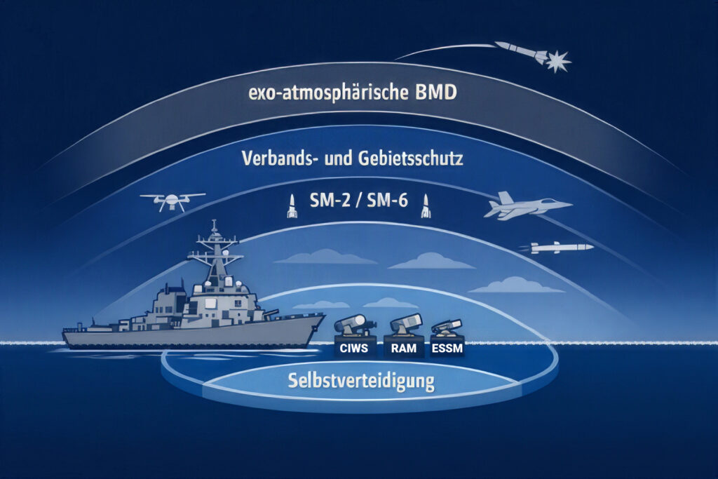 Schutzschichten der maritimen Luftverteidigung: CIWS, RAM und ESSM schützen das Schiff im Nahbereich, SM-2 und SM-6 übernehmen den Verbands- und Gebietsschutz. Die exo-atmosphärische Abwehr ballistischer Raketen bildet die äußerste Schicht. Grafik: KI-generiert