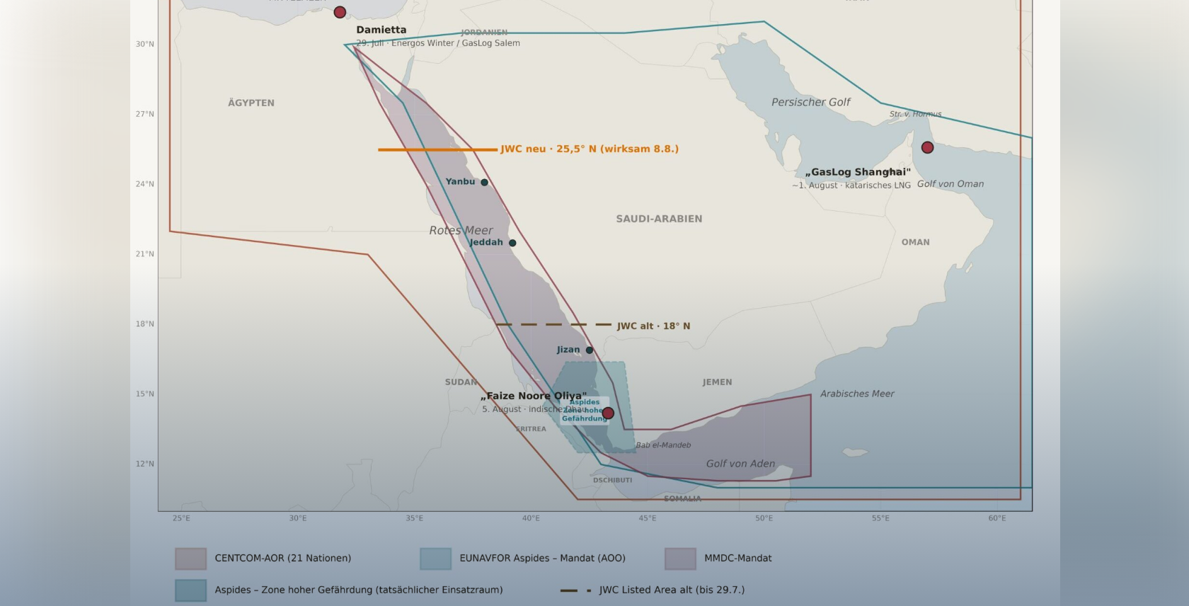 Zonenzuschnitte nach US CENTCOM, GASP 2024/583, MMDC-Gründungserklärung, JWC JWLA-034, UKWR C3-2026. Grafik: hum