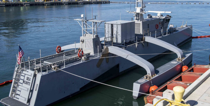 The unmanned surface vehicle Sea Hunter in the naval harbour of San Diego, source: US Navy