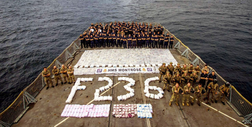 The proud crew of HMS "Montrose" with the confiscated drugs