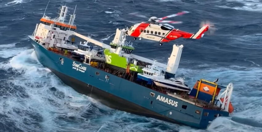 Rescue helicopter over the freighter