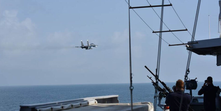 A Russian jet flies past the Evertsen