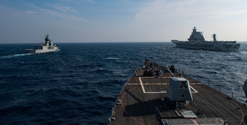 Last year, HMAS Ballarat (l.) INS Vikramaditya (r.) and USS Sterett took part in Malabar
