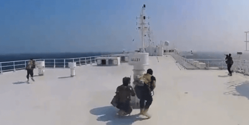 Houthi fighters on the upper deck of the ship "Galaxy Leader" captured on 19 November 2023. Photo: Houthi Military Media