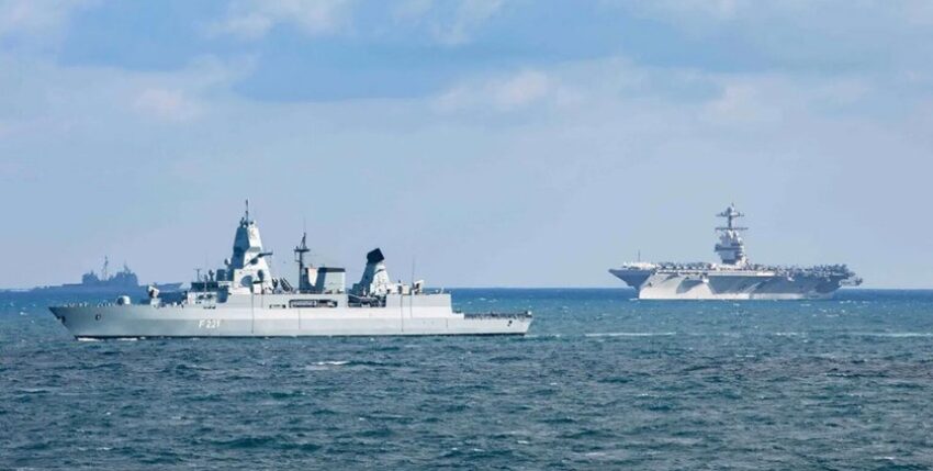 German frigate Hessen (F221) in formation with the type ship of the USS Gerald R. Ford class (CVN 78). Photo US Navy/Sawyer Connally