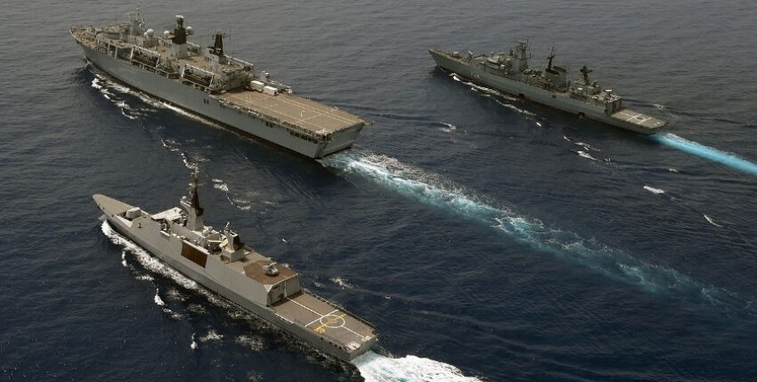 HMS BULWARK with FS COURBET (F712) and FGS SCHLESWIG-HOLSTEIN (F216). Photo: UK MoD/Des Wade
