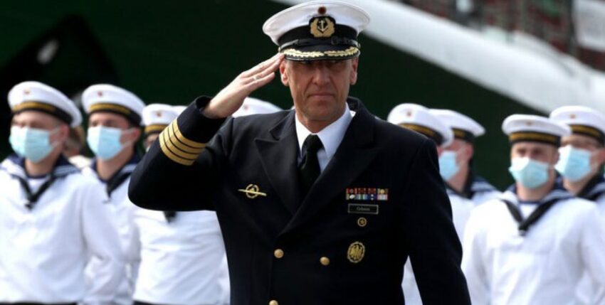 The outgoing MOS commander, KzS Grimm, during a swearing-in ceremony. Picture: Bundeswehr