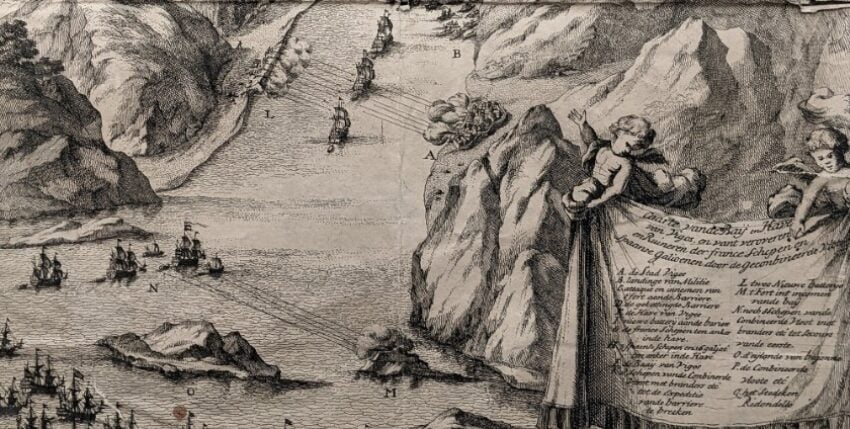 Naval battle at Vigo, photo: copperplate engraving by Anna Beek, 18th century, privately owned