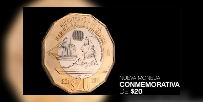 Mexican 20-peso commemorative coin for the 200th anniversary of the navy. Photo: Banxico