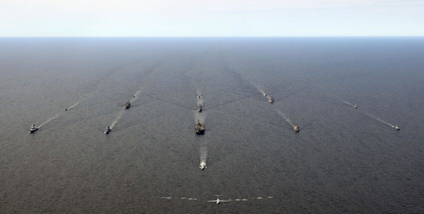 Formation run of some of the ships, boats and aircraft participating in BALTOPS 22. In the foreground a Swedish VISBY-class corvette on the occasion of the 500th anniversary of Sweden's naval forces, photo: 2022 Royal Navy / Lee Blease