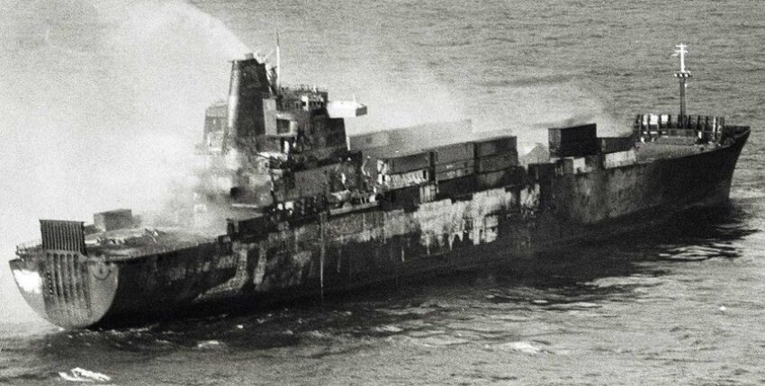 In 1982, an Exocet hit the British merchant ship ATLANTIC CONVEYOR during the Falklands War, photo: Royal Navy/Crown Copyright
